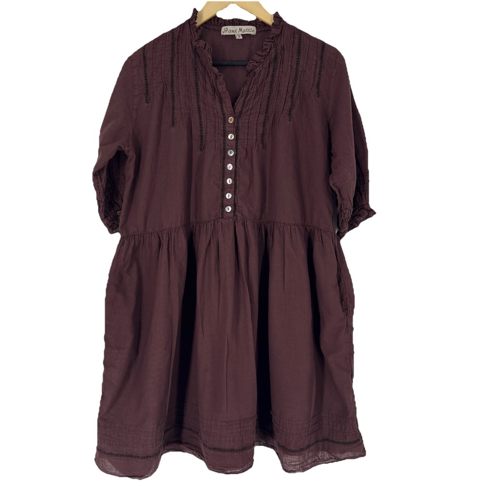 JP and Mattie Womens Annabelle Ruffled Dress S Brown Ladder Stitch Cottagecore